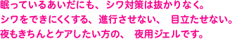眠っているあいだにも、シワ対策は抜かりなく。シワをできにくくする、進行させない、目立たせない。夜もきちんとケアしたい方の、夜用ジェルです。